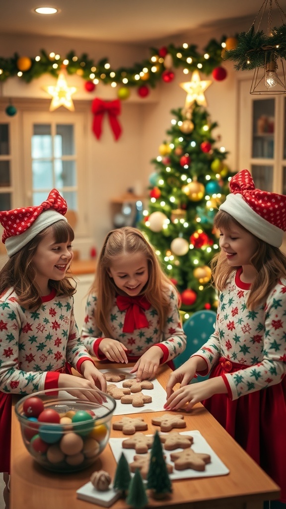 Charming Christmas Aesthetic for Three Girls Three girls in festive outfits baking cookies in a decorated kitchen with Christmas tree and fairy lights.